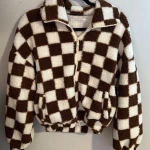 Brown & Cream Checkered Sherpa Zip Jacket